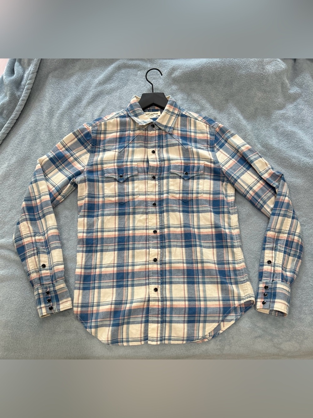 SAINT LAURENT AW17 Blue/Pink Plaid Cotton Flannel Men's Western Shirt S